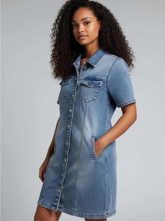 Bench Dresses & Skirts - Bench Light Blue Denim Short-Sleeve Button-Up Mini Dress Stretch Pockets